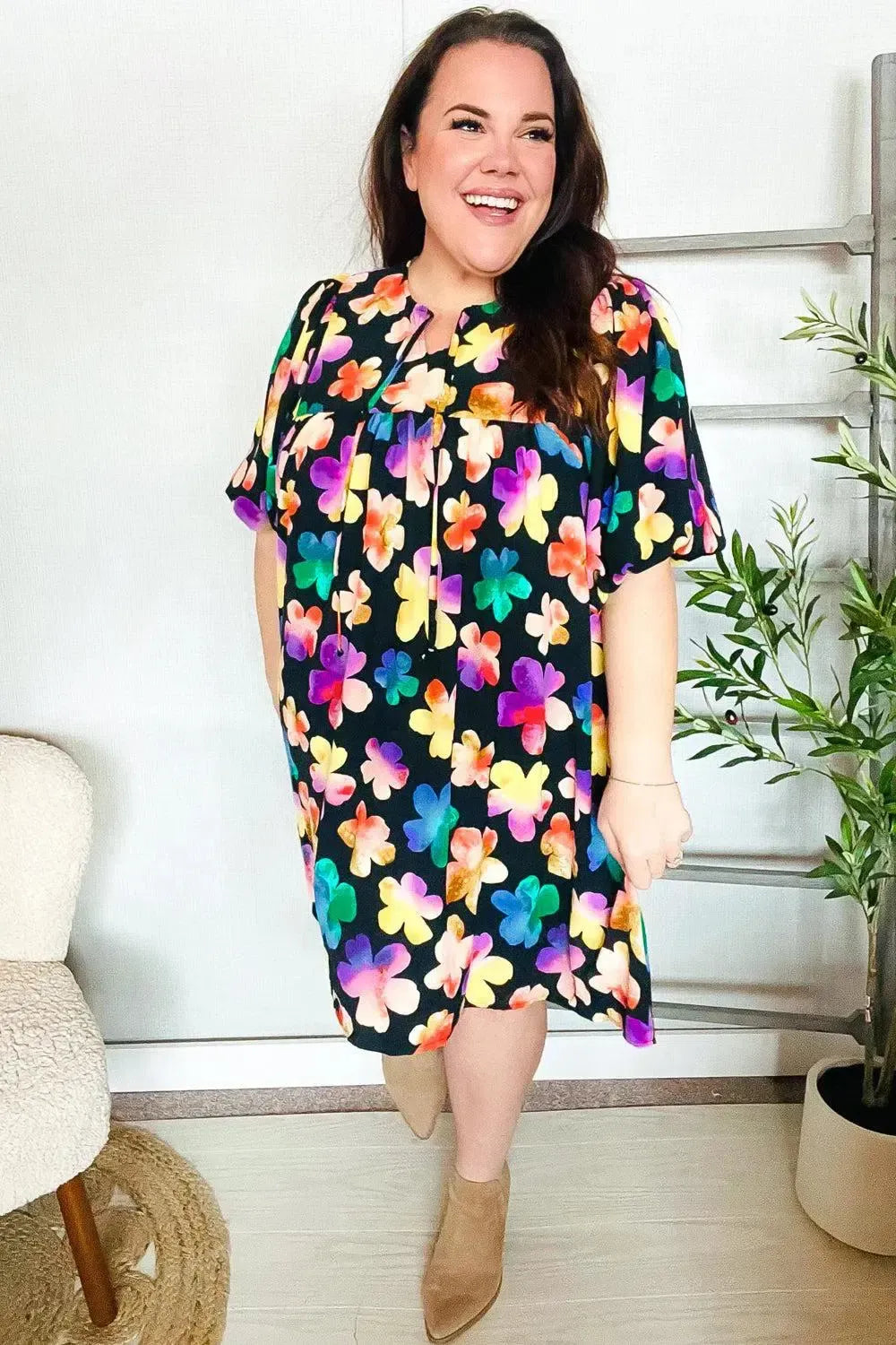 Look Adorable Ribbon Bow Tie Floral Babydoll Dress with Pockets-Evelyns Fashion