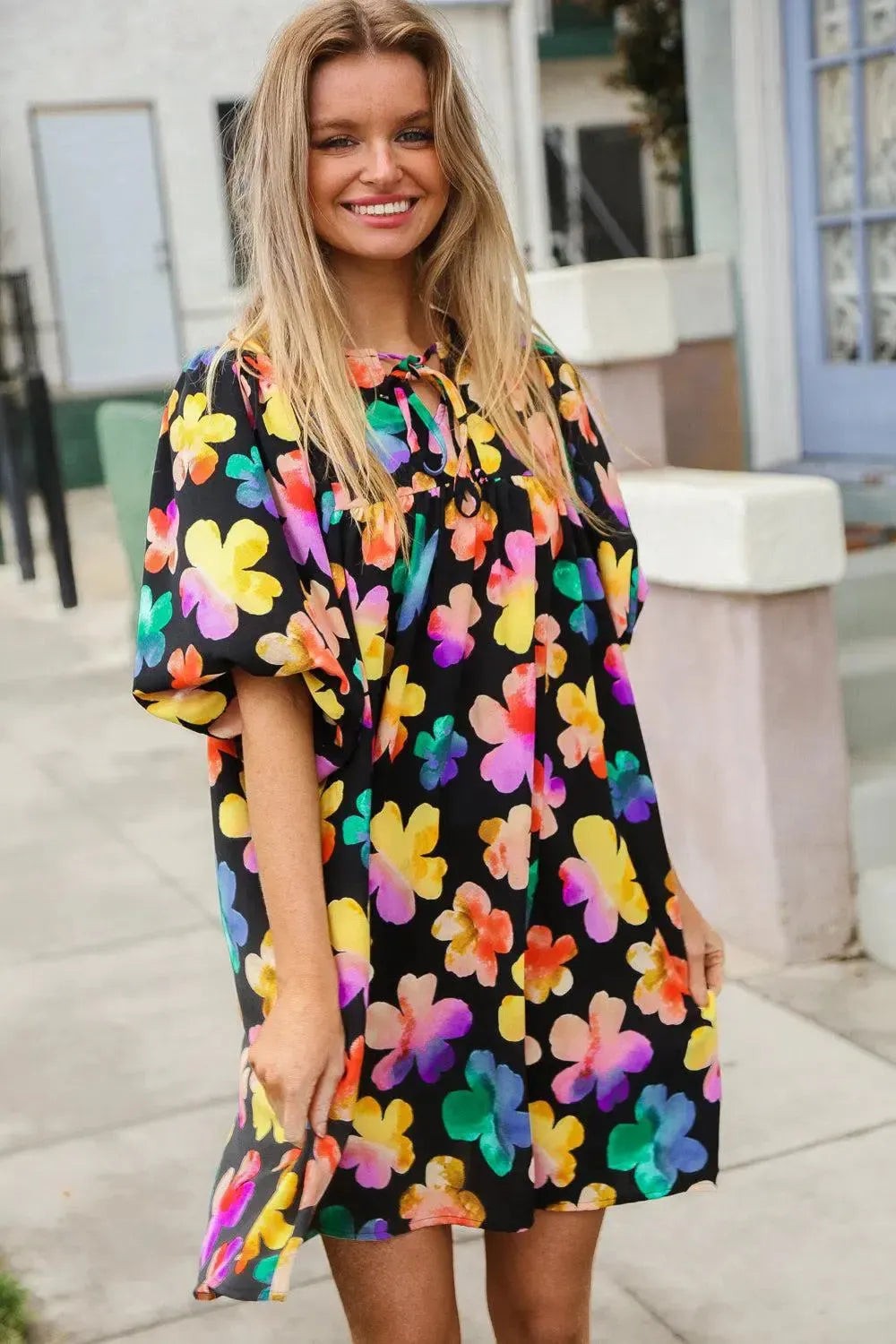 Look Adorable Ribbon Bow Tie Floral Babydoll Dress with Pockets-Evelyns Fashion