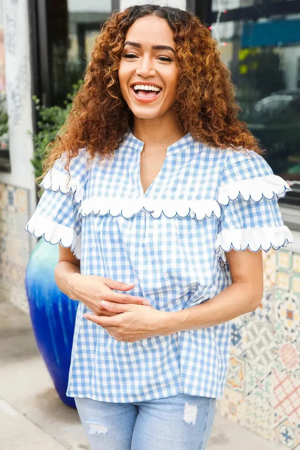 Lost In Love Cotton Blue Gingham Shirred Mock Neck Top-Evelyns Fashion