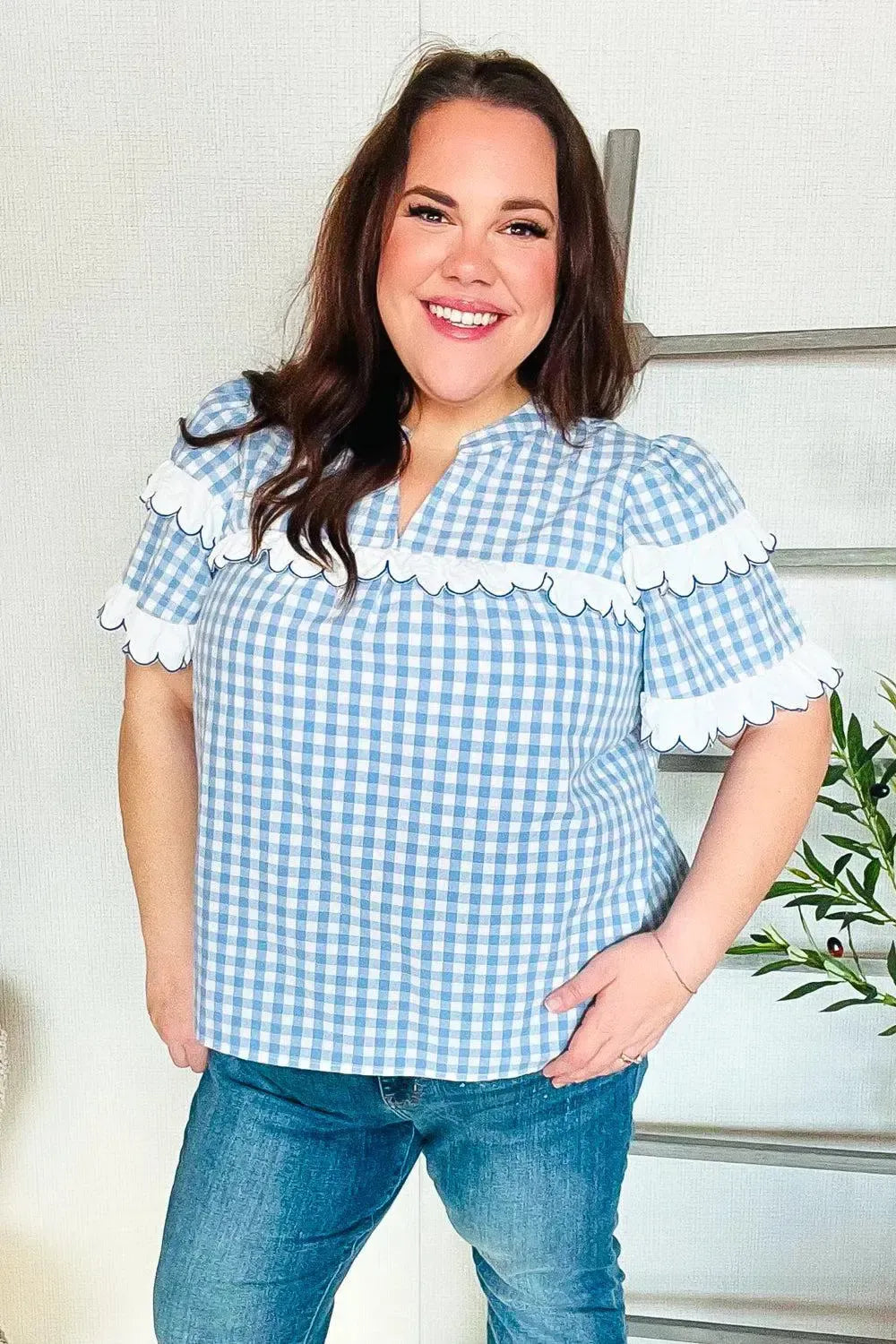 Lost In Love Cotton Blue Gingham Shirred Mock Neck Top-Evelyns Fashion