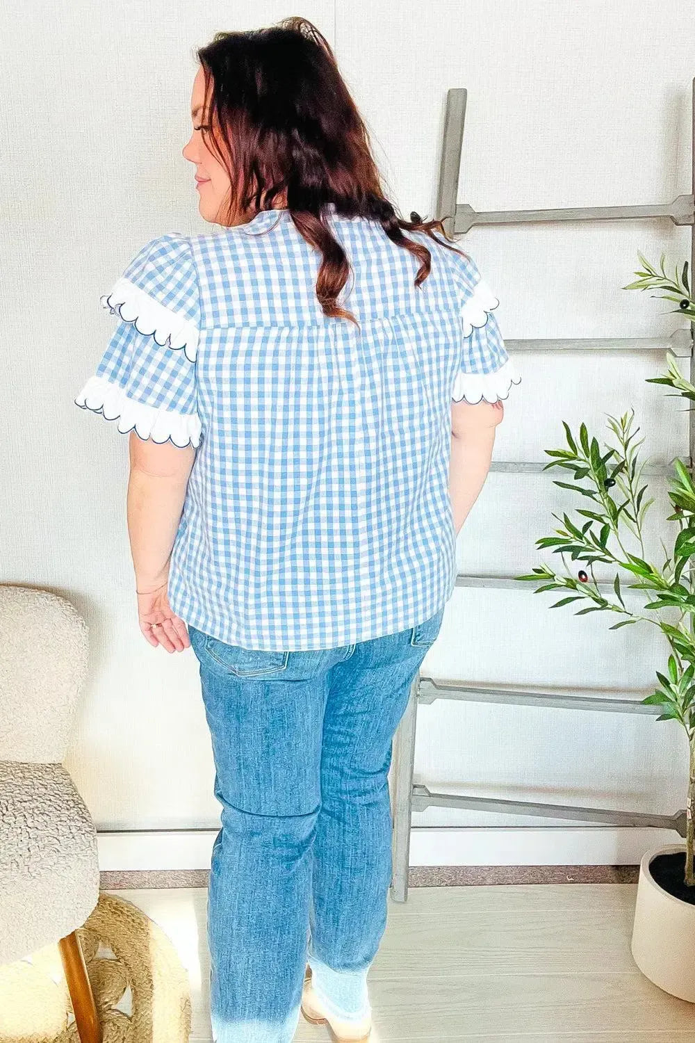 Lost In Love Cotton Blue Gingham Shirred Mock Neck Top-Evelyns Fashion