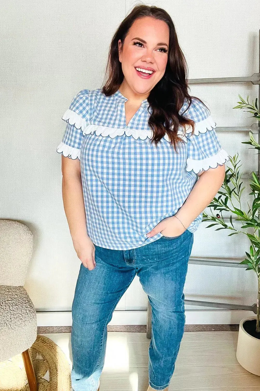 Lost In Love Cotton Blue Gingham Shirred Mock Neck Top-Evelyns Fashion