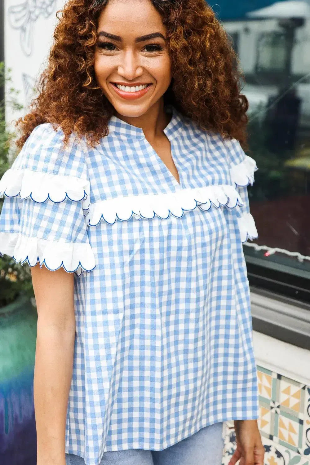 Lost In Love Cotton Blue Gingham Shirred Mock Neck Top-Evelyns Fashion