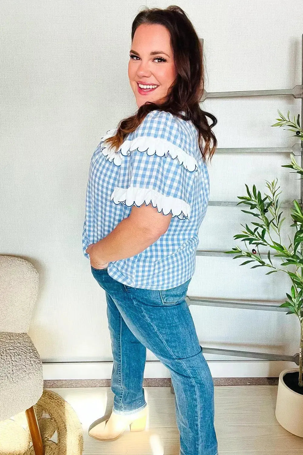 Lost In Love Cotton Blue Gingham Shirred Mock Neck Top-Evelyns Fashion