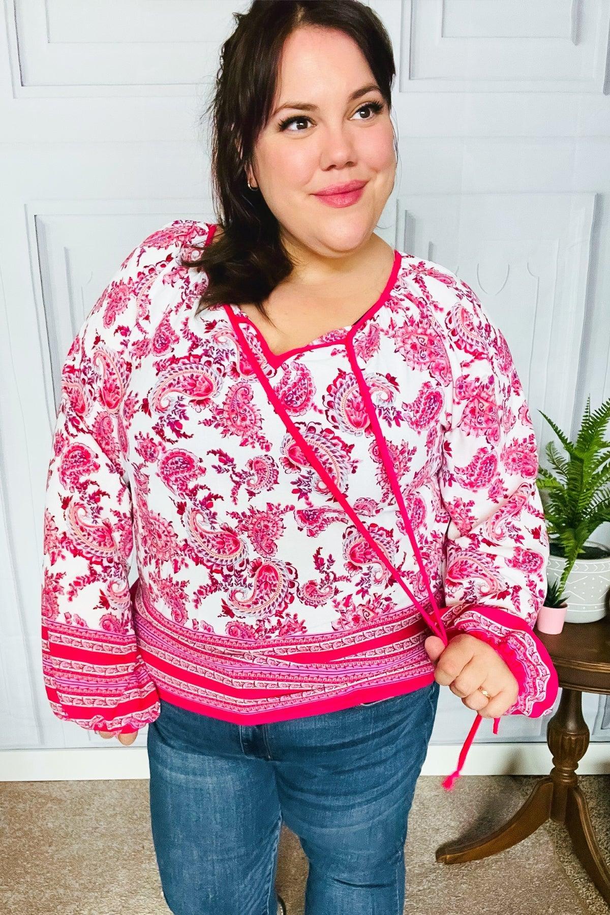 Make A Statement Fuchsia Paisley Boho Front Tie Top-Evelyns Fashion