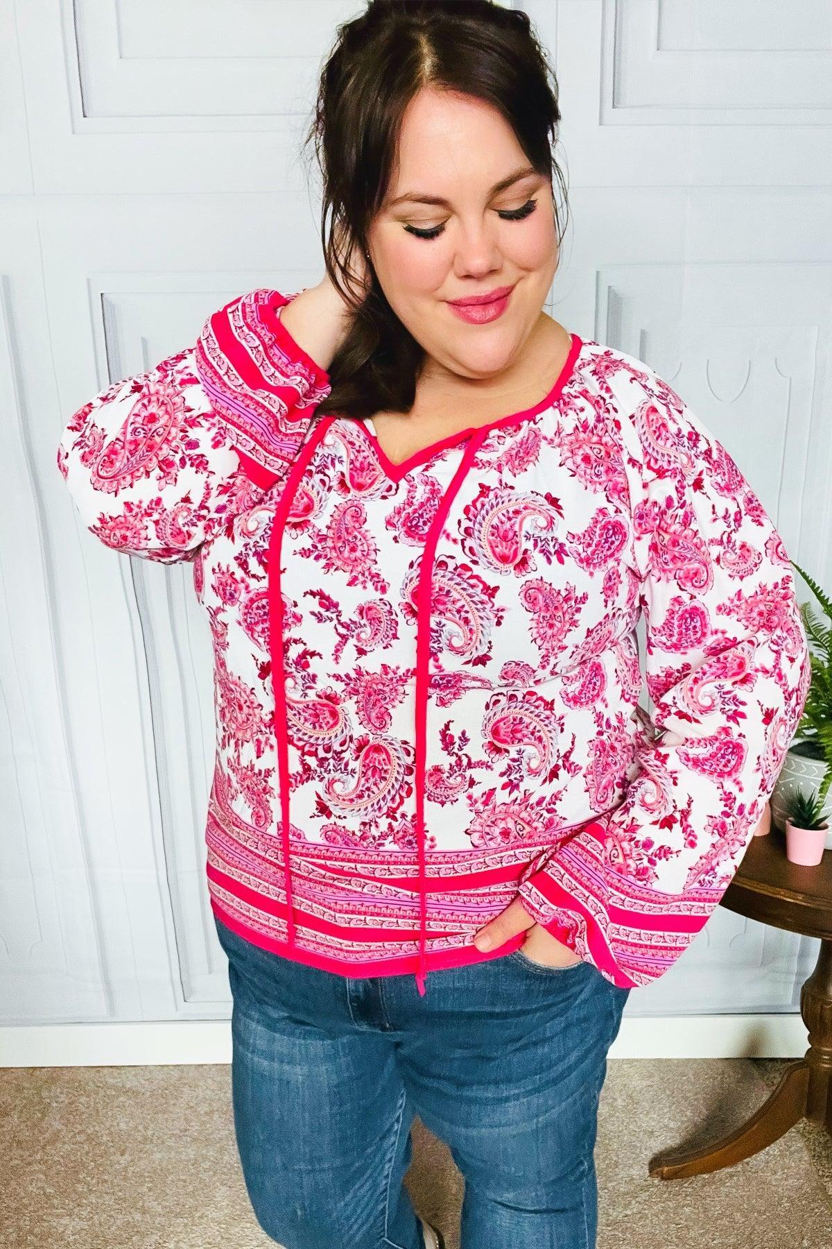 Make A Statement Fuchsia Paisley Boho Front Tie Top-Evelyns Fashion