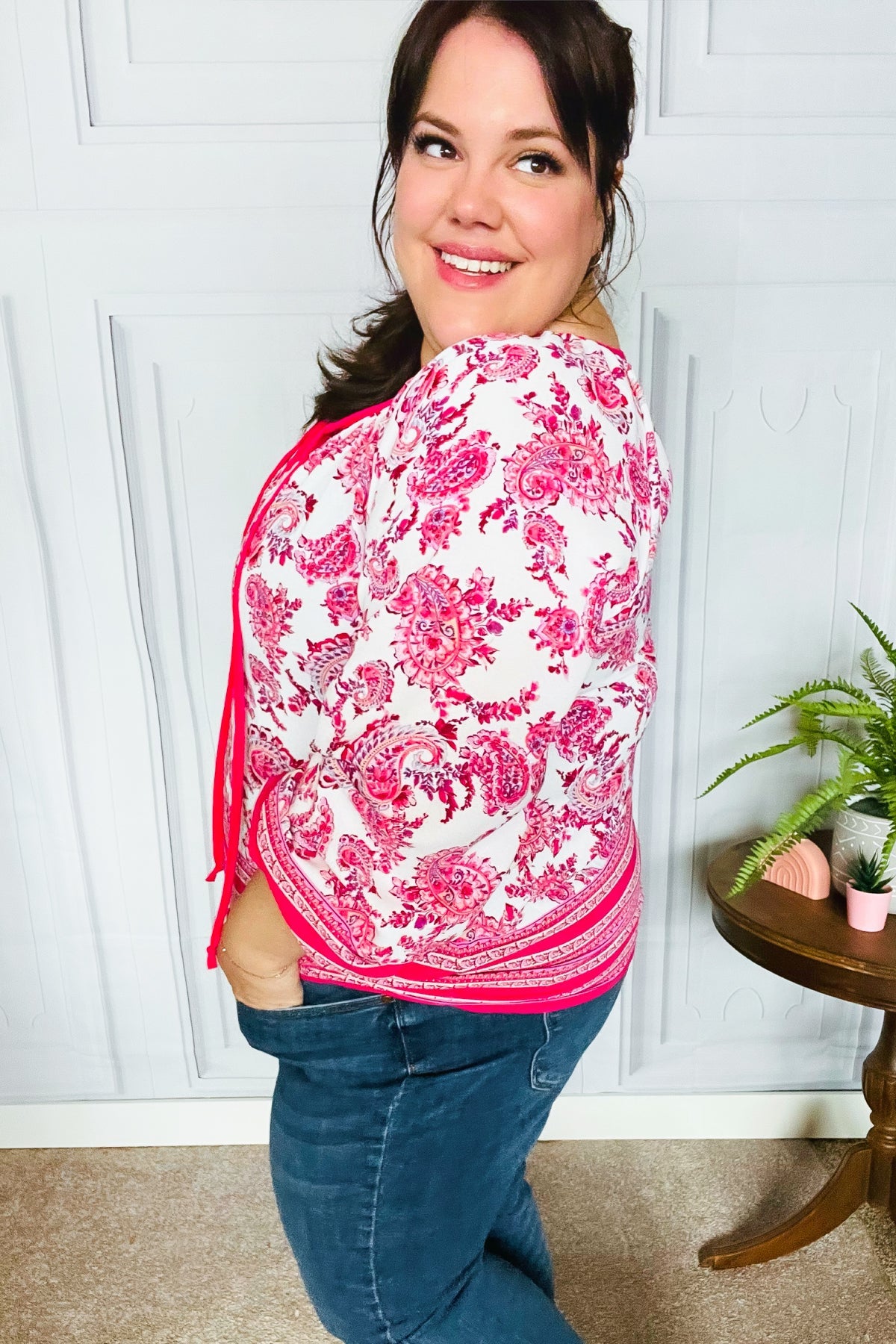 Make A Statement Fuchsia Paisley Boho Front Tie Top-Evelyns Fashion