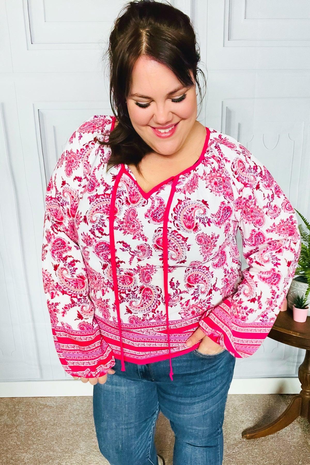 Make A Statement Fuchsia Paisley Boho Front Tie Top-Evelyns Fashion