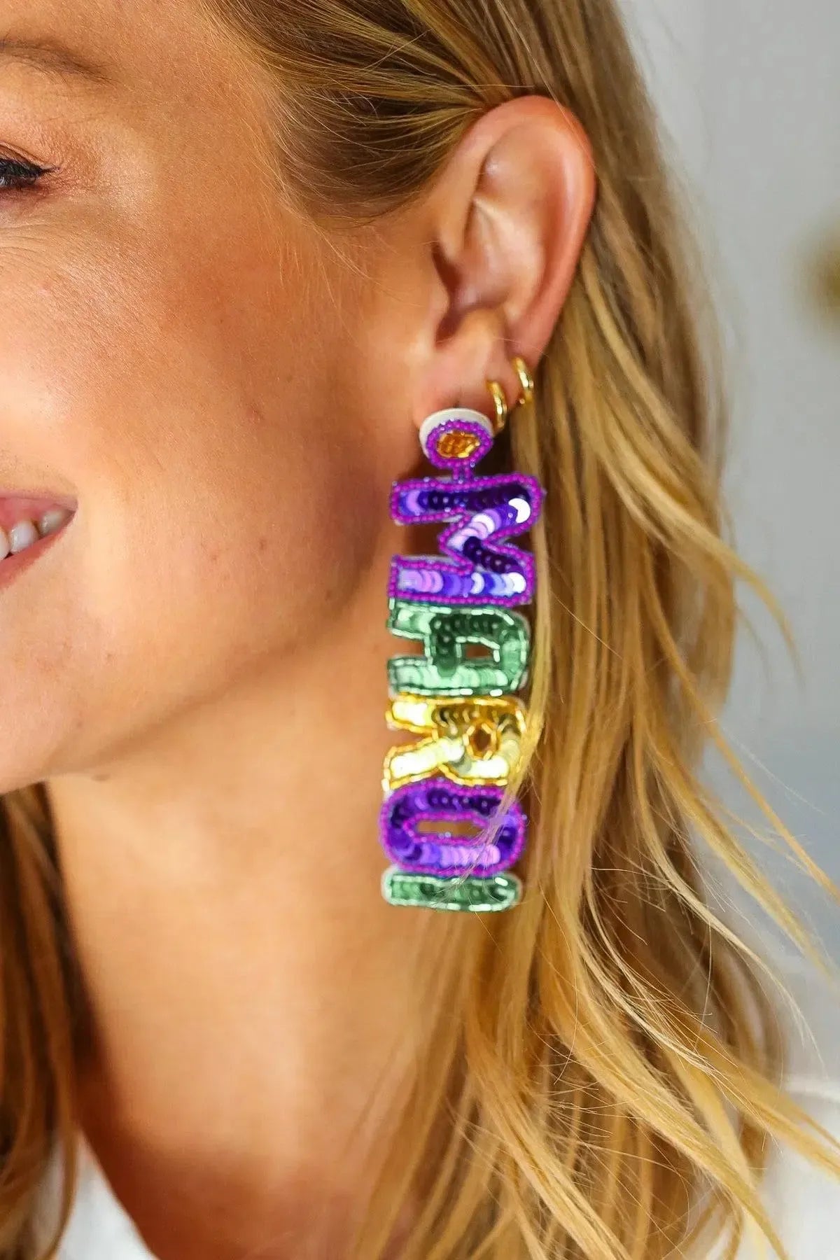 Mardi Gras Sequin & Beaded Dangle Earrings-Evelyns Fashion
