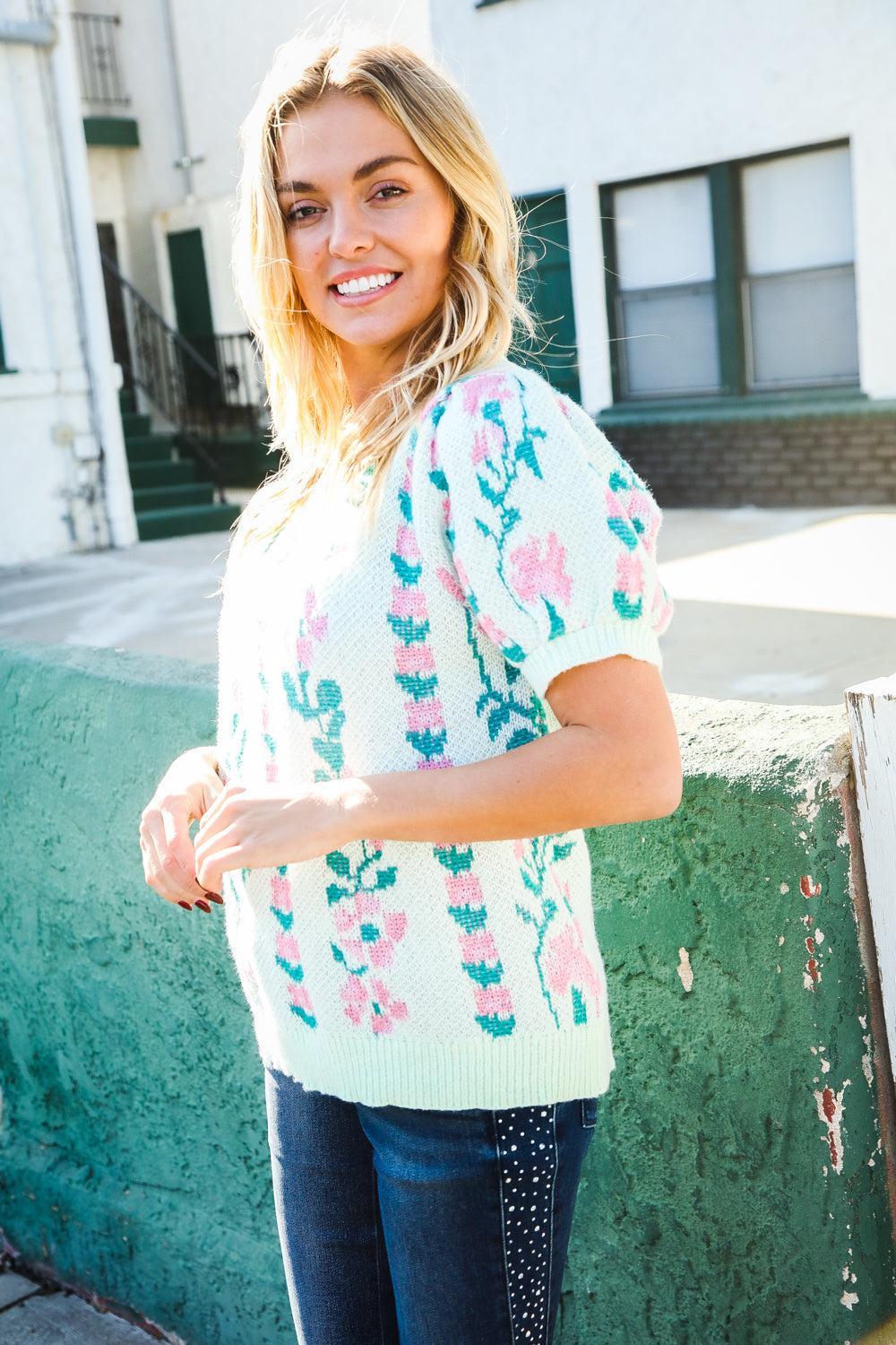 Mint Floral Jacquard Sweater Top-Blouses-Evelyns Fashion