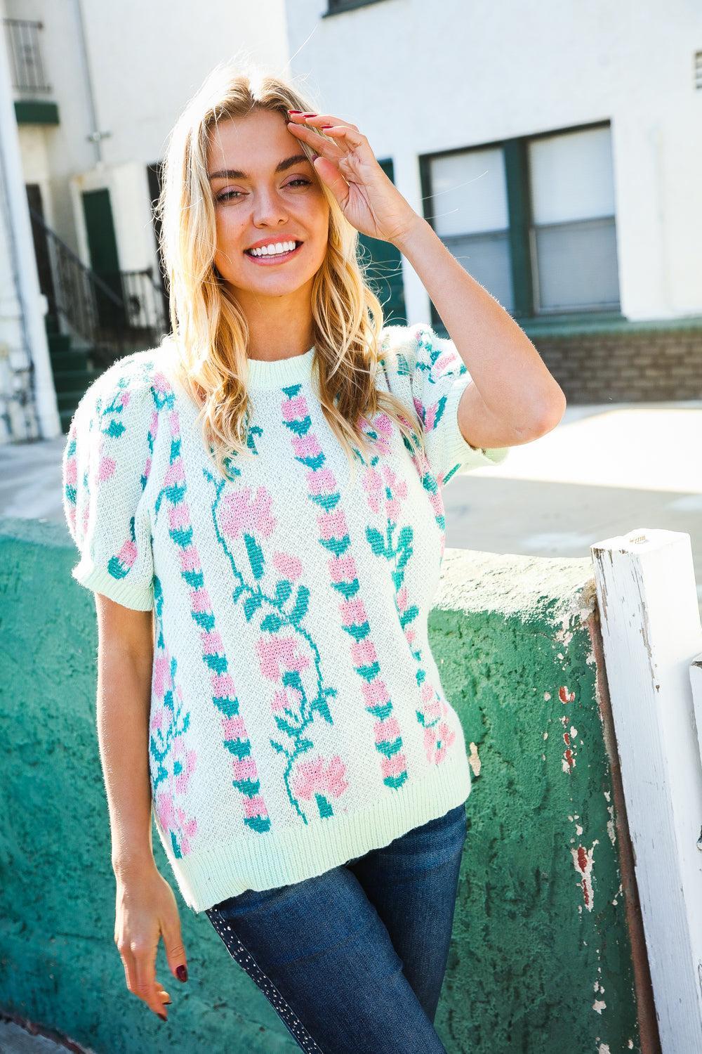 Mint Floral Jacquard Sweater Top-Blouses-Evelyns Fashion