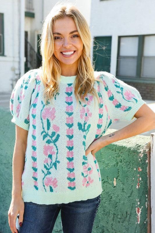 Mint Floral Jacquard Sweater Top-Blouses-Evelyns Fashion