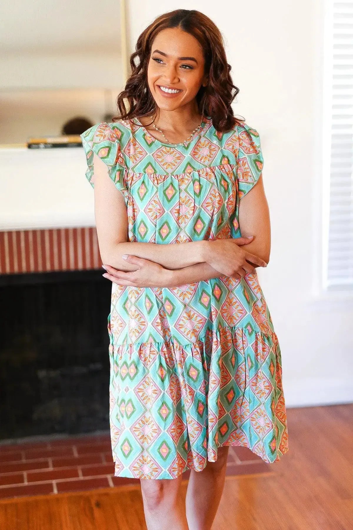 Mint Geo Boho Print Yoke Poplin Woven Dress-Evelyns Fashion