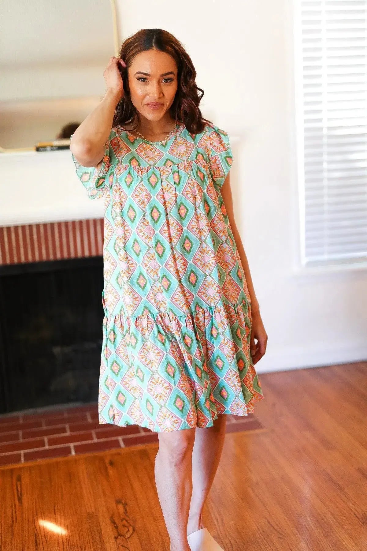 Mint Geo Boho Print Yoke Poplin Woven Dress-Evelyns Fashion