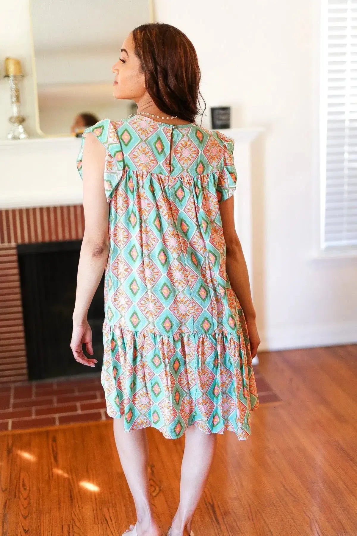 Mint Geo Boho Print Yoke Poplin Woven Dress-Evelyns Fashion