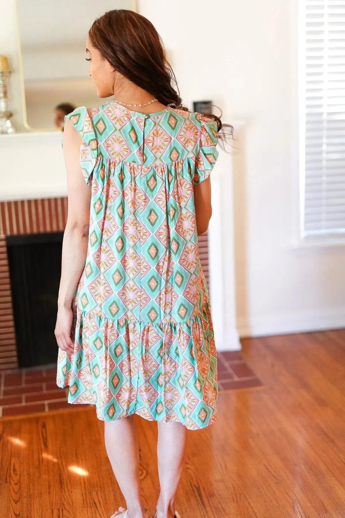 Mint Geo Boho Print Yoke Poplin Woven Dress-Evelyns Fashion