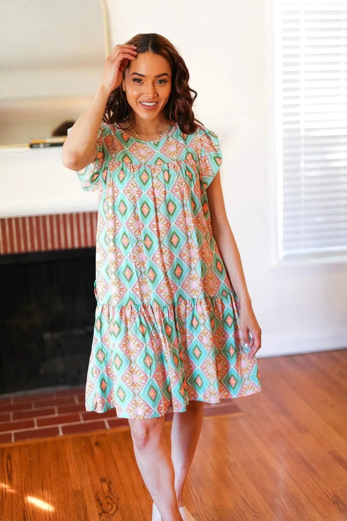 Mint Geo Boho Print Yoke Poplin Woven Dress-Evelyns Fashion