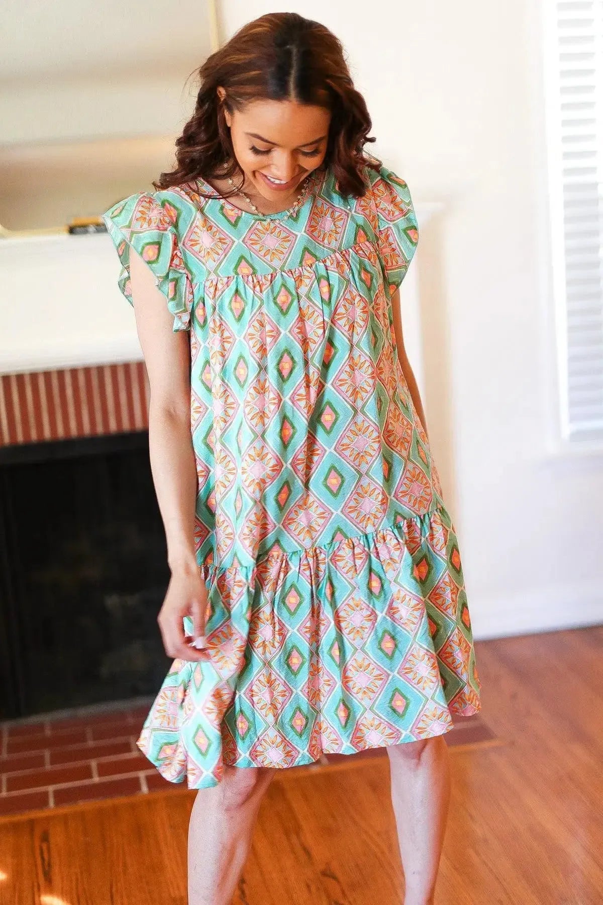 Mint Geo Boho Print Yoke Poplin Woven Dress-Evelyns Fashion