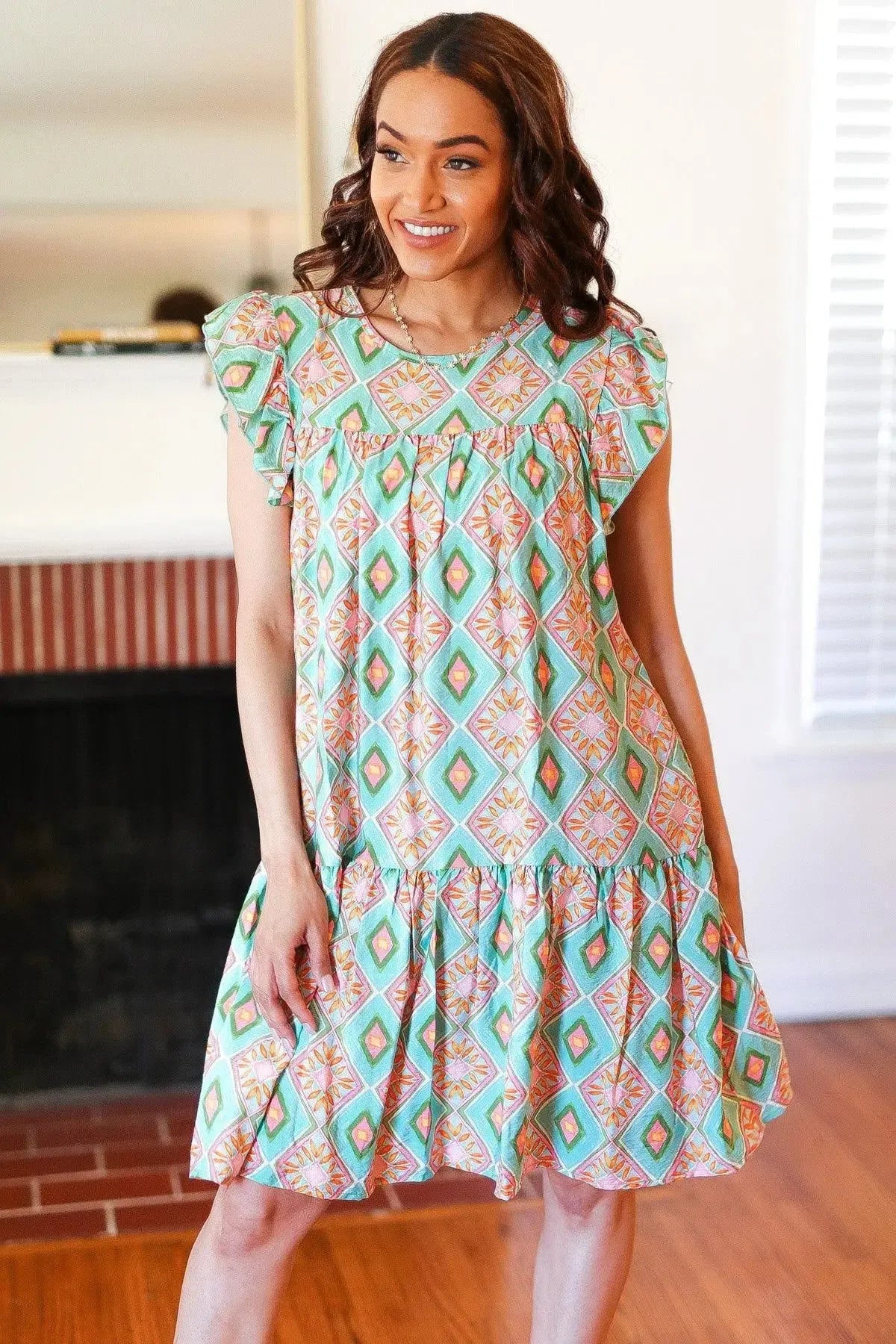 Mint Geo Boho Print Yoke Poplin Woven Dress-Evelyns Fashion