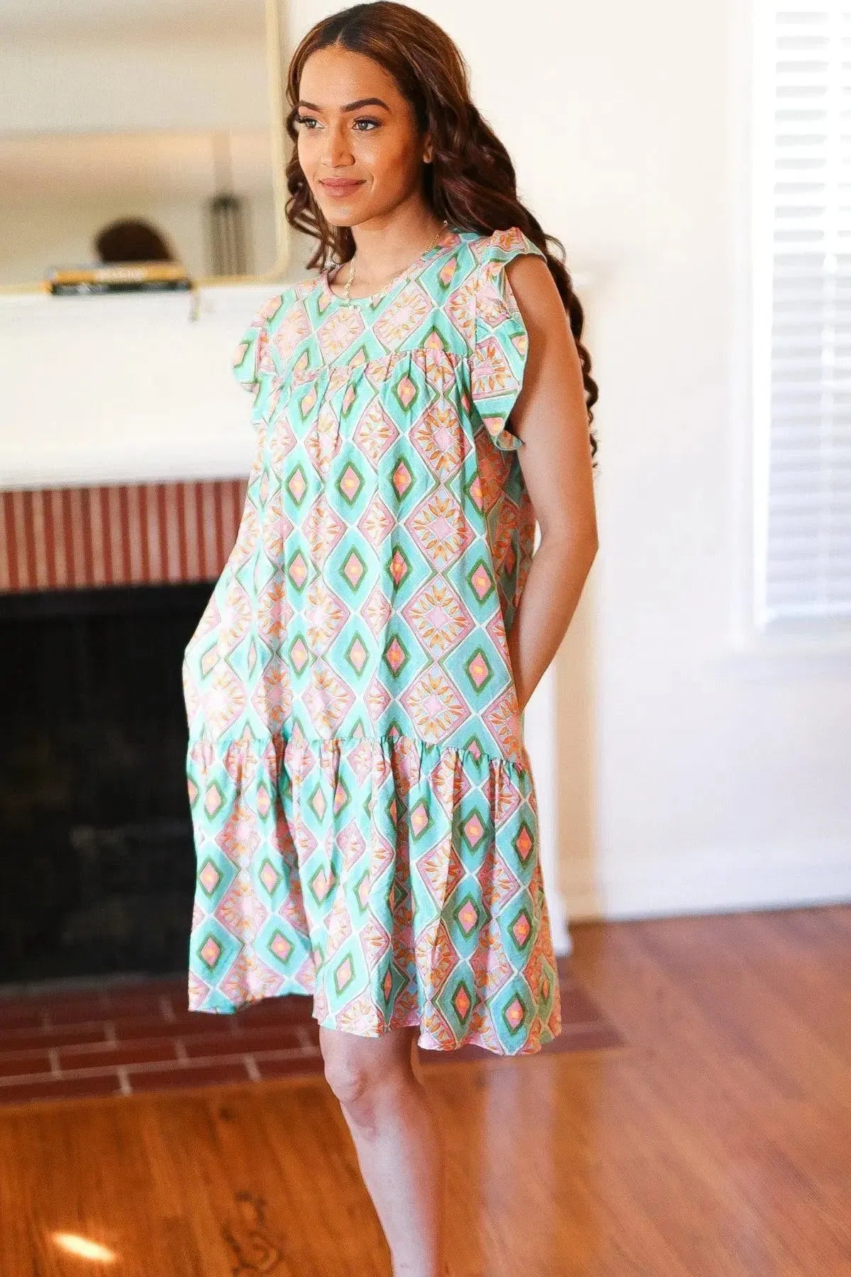 Mint Geo Boho Print Yoke Poplin Woven Dress-Evelyns Fashion