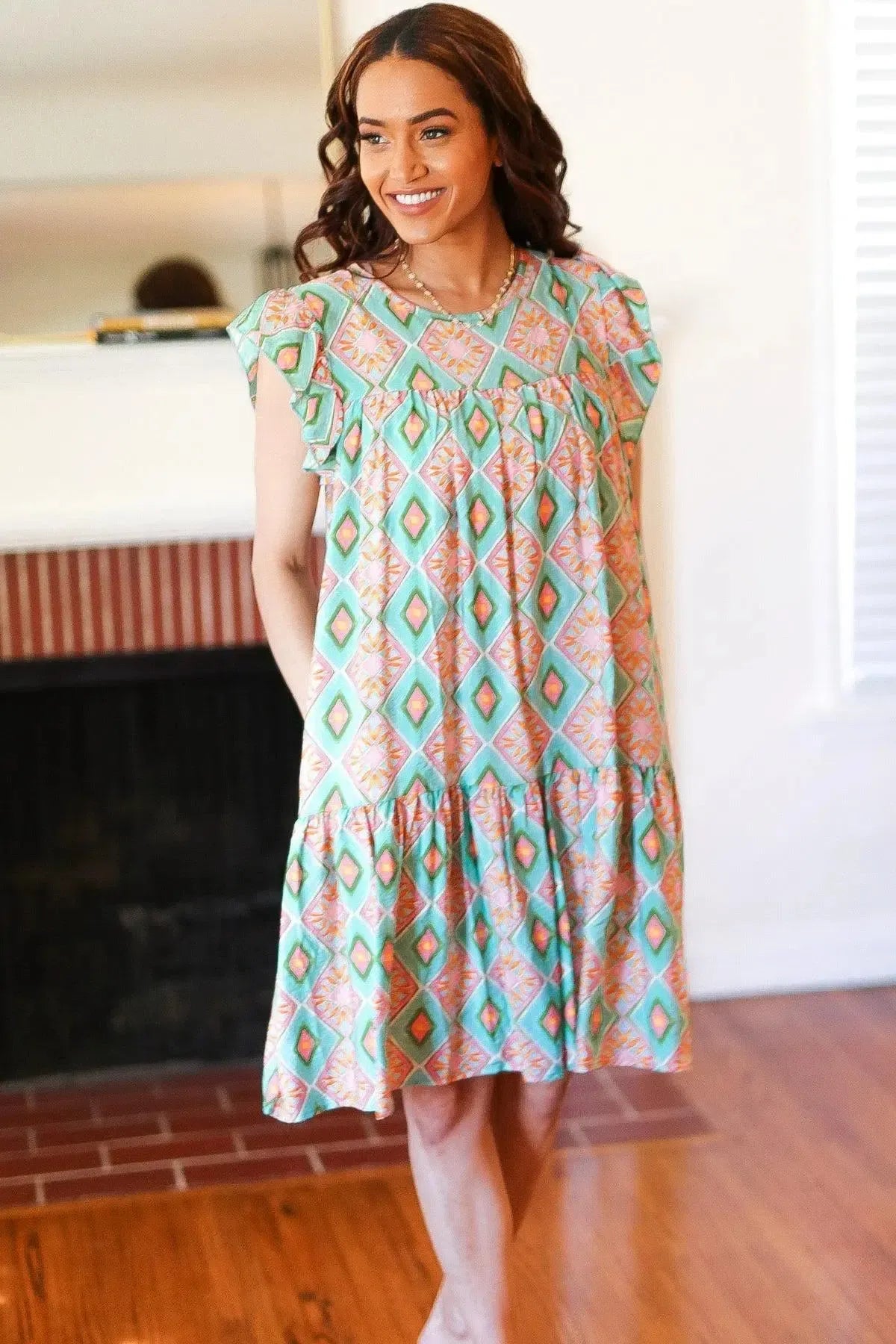 Mint Geo Boho Print Yoke Poplin Woven Dress-Evelyns Fashion