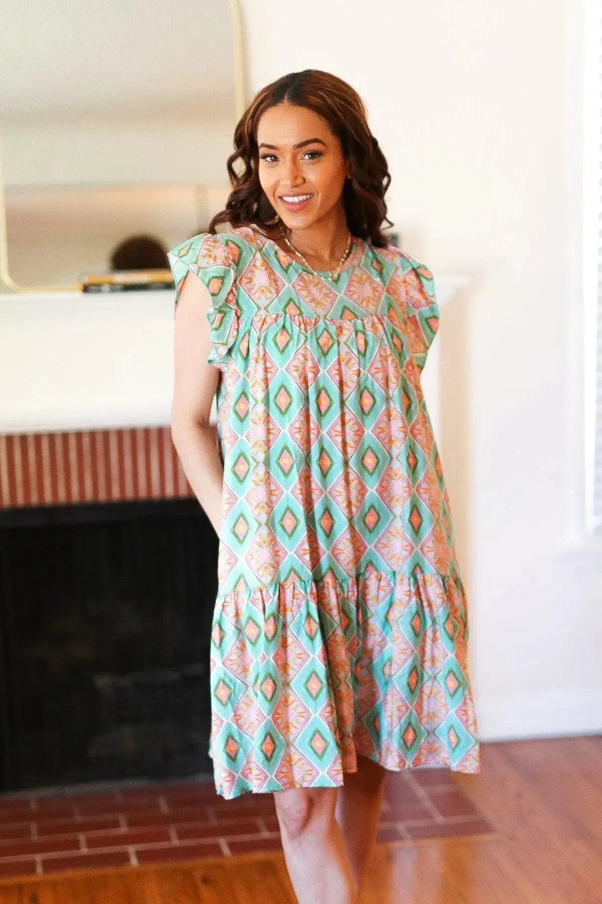 Mint Geo Boho Print Yoke Poplin Woven Dress-Evelyns Fashion