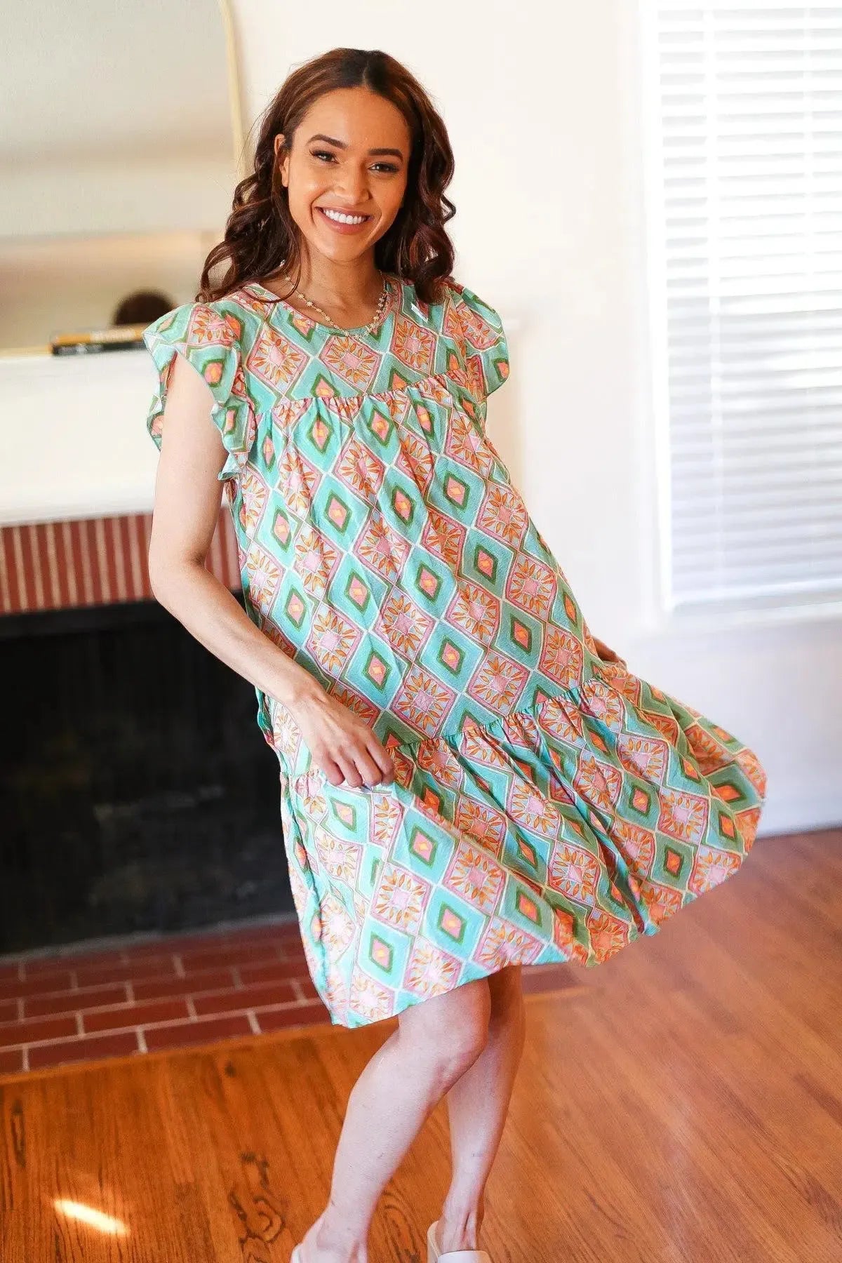 Mint Geo Boho Print Yoke Poplin Woven Dress-Evelyns Fashion