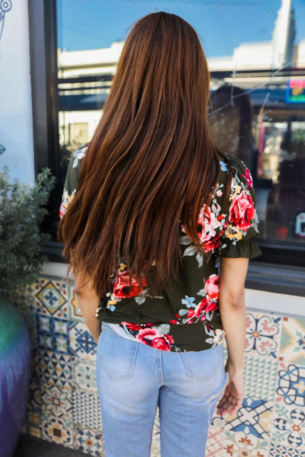 Moss Green Floral Puff Sleeve Top-Blouses-Evelyns Fashion