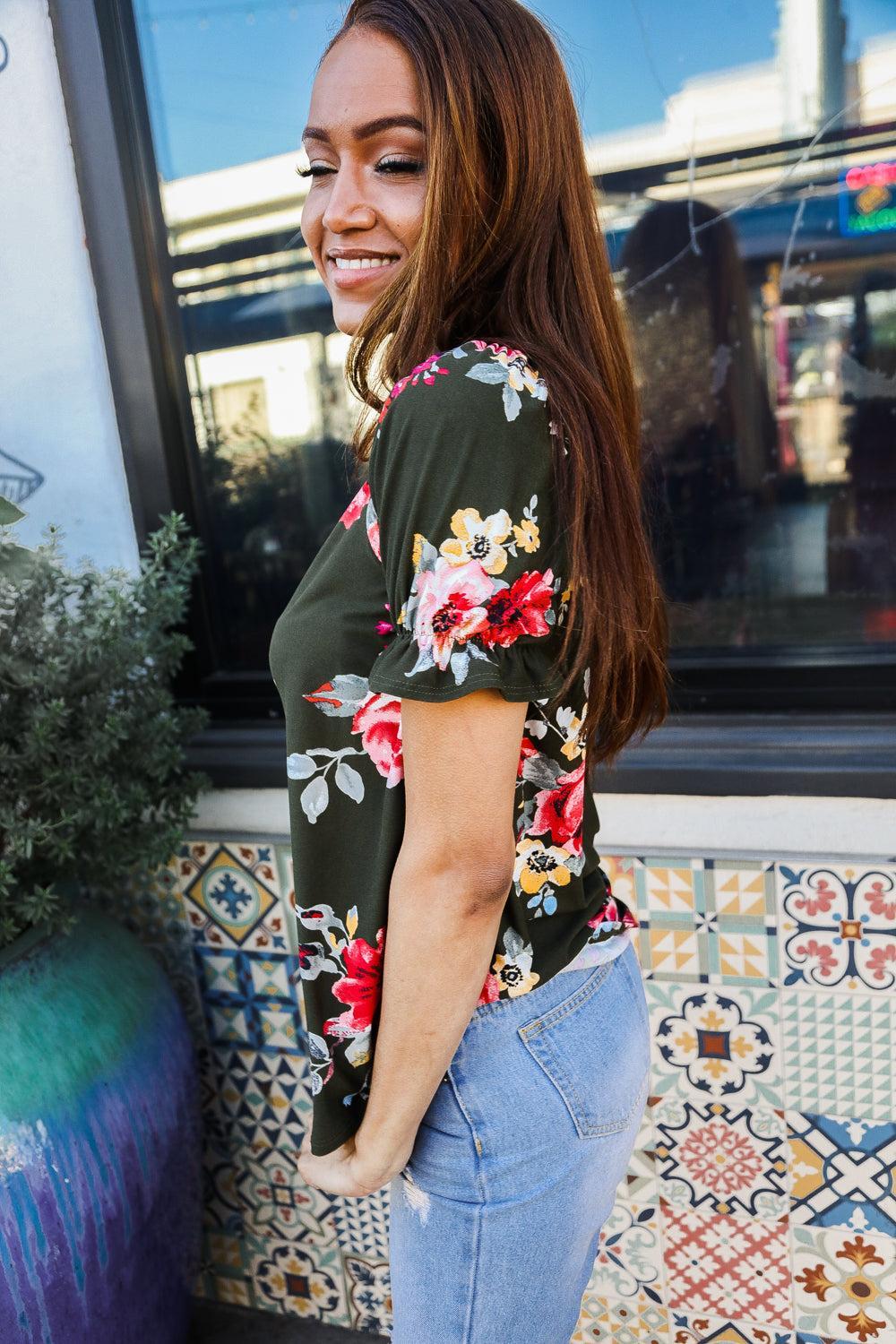 Moss Green Floral Puff Sleeve Top-Blouses-Evelyns Fashion