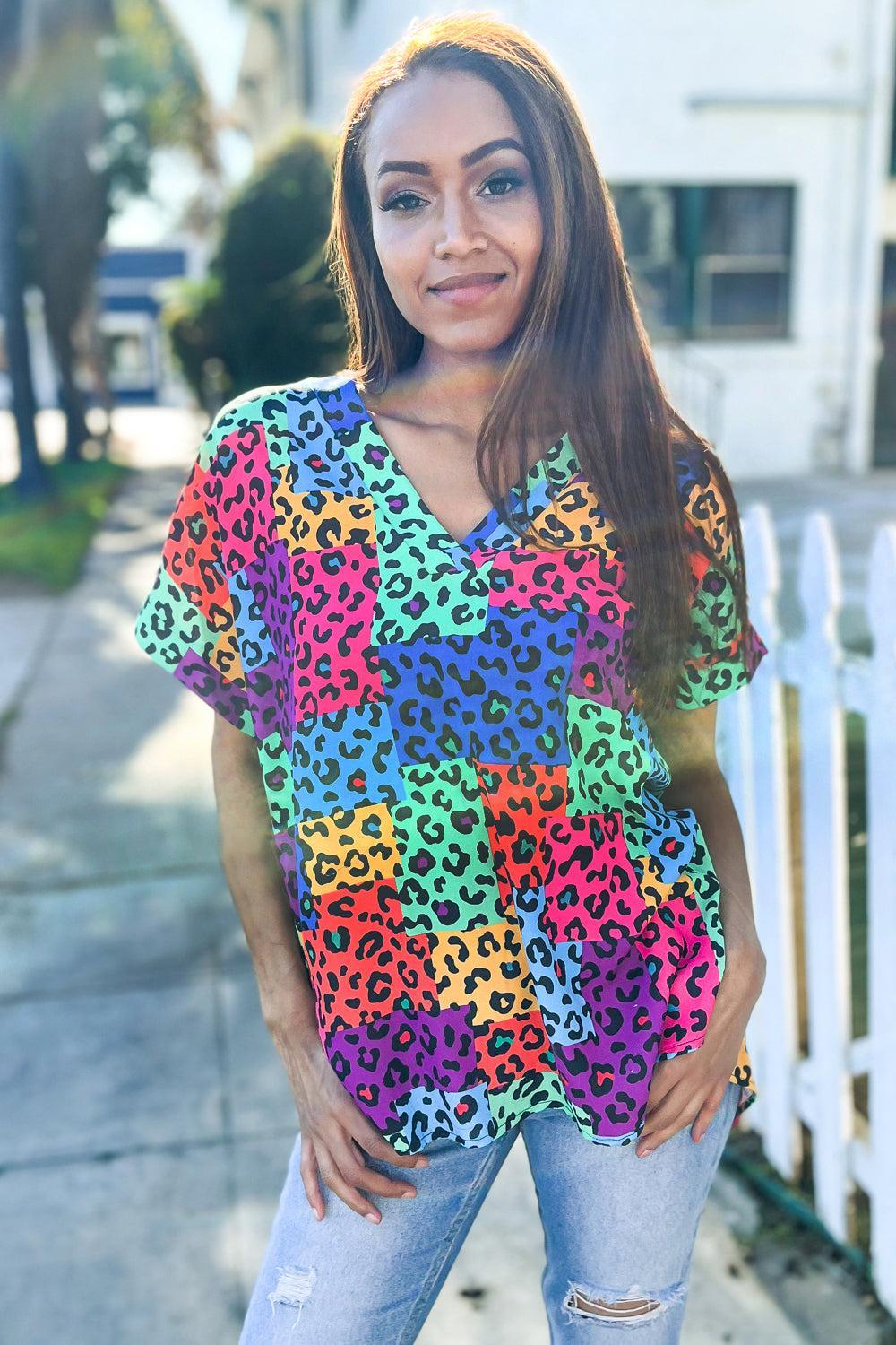 Multicolor Animal Patchwork Top-Blouses-Evelyns Fashion