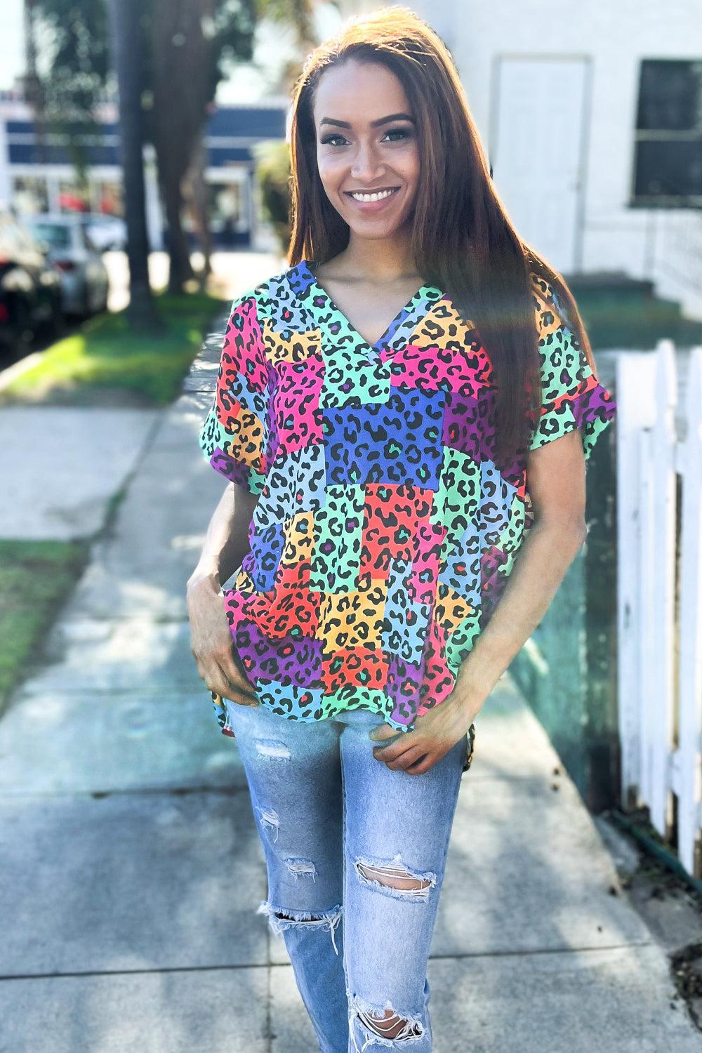 Multicolor Animal Patchwork Top-Blouses-Evelyns Fashion