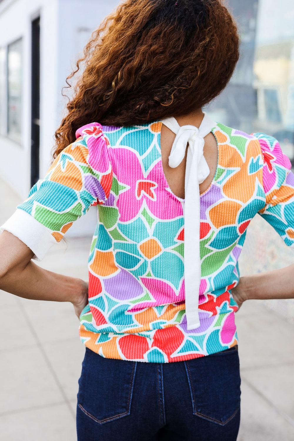 Multicolor Floral Rib Top-Blouses-Evelyns Fashion