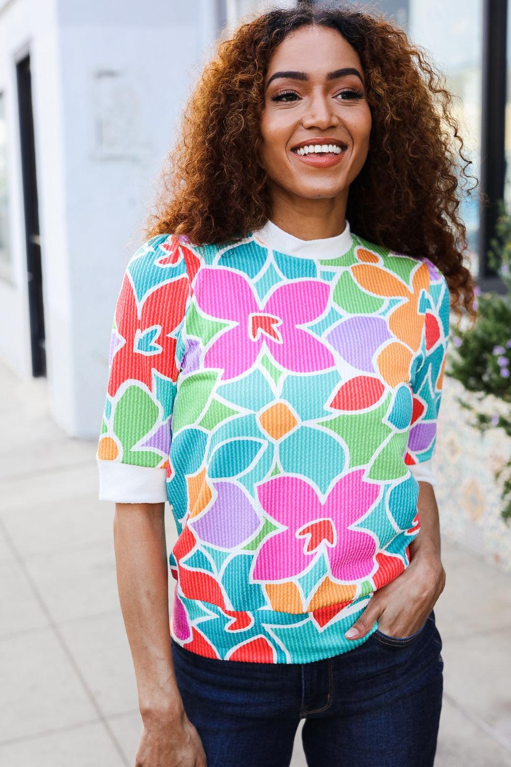 Multicolor Floral Rib Top-Blouses-Evelyns Fashion