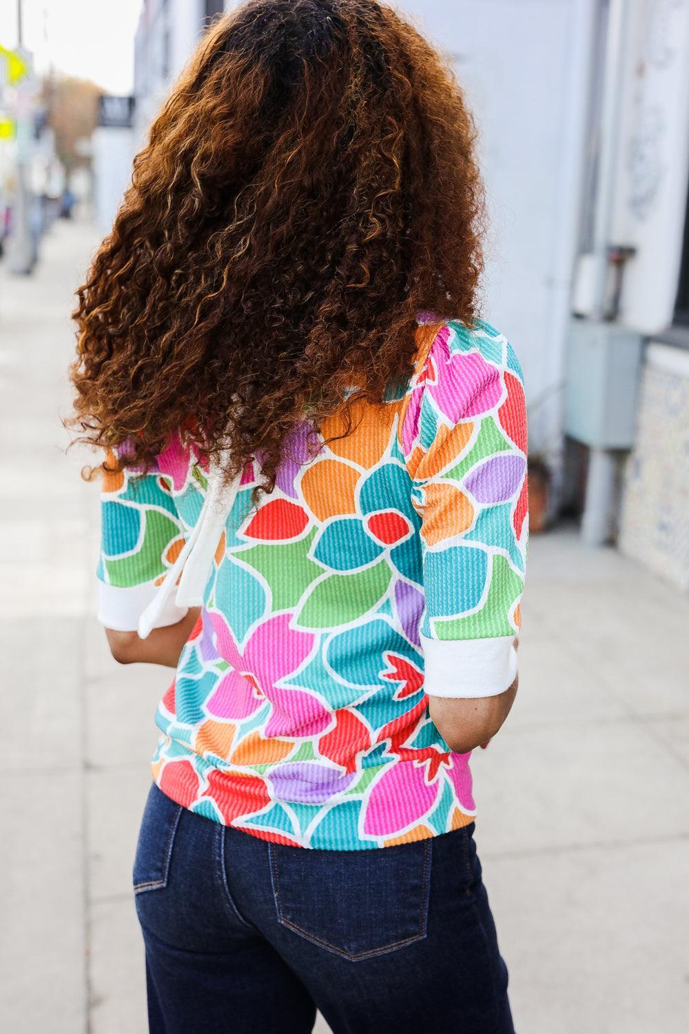 Multicolor Floral Rib Top-Blouses-Evelyns Fashion
