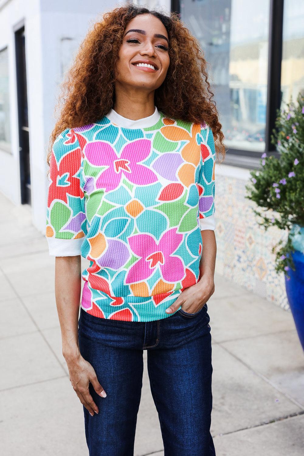 Multicolor Floral Rib Top-Blouses-Evelyns Fashion