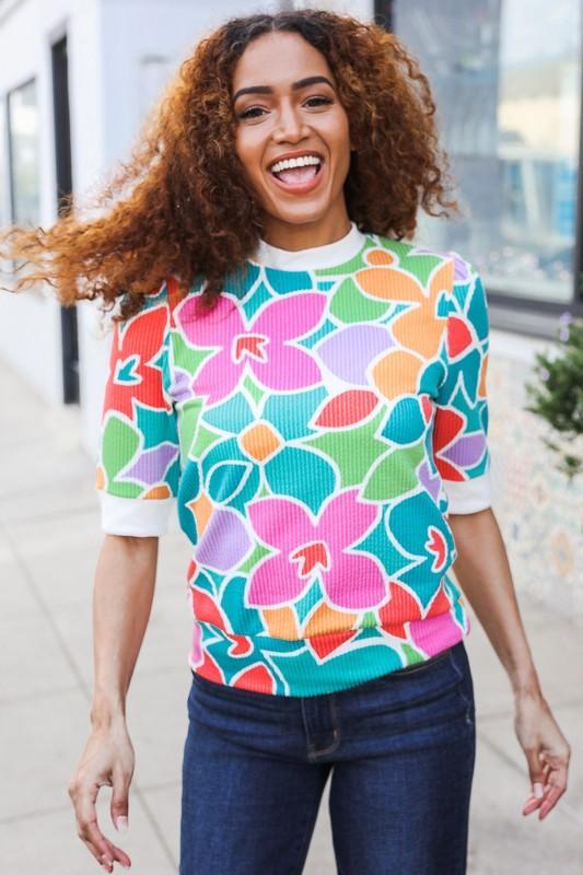 Multicolor Floral Rib Top-Blouses-Evelyns Fashion