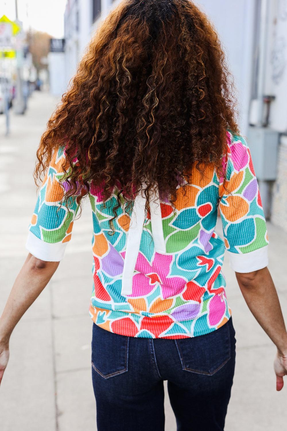 Multicolor Floral Rib Top-Blouses-Evelyns Fashion