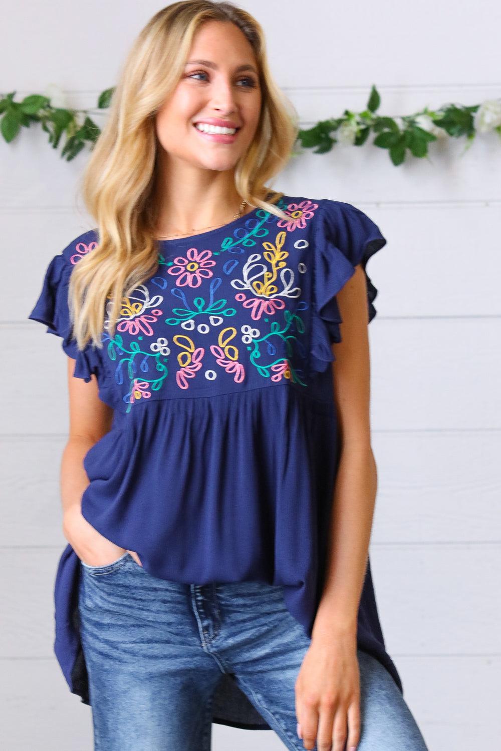 Navy Floral Embroidered Flutter Sleeve Top – Elegant & Boho Chic Style-Evelyns Fashion