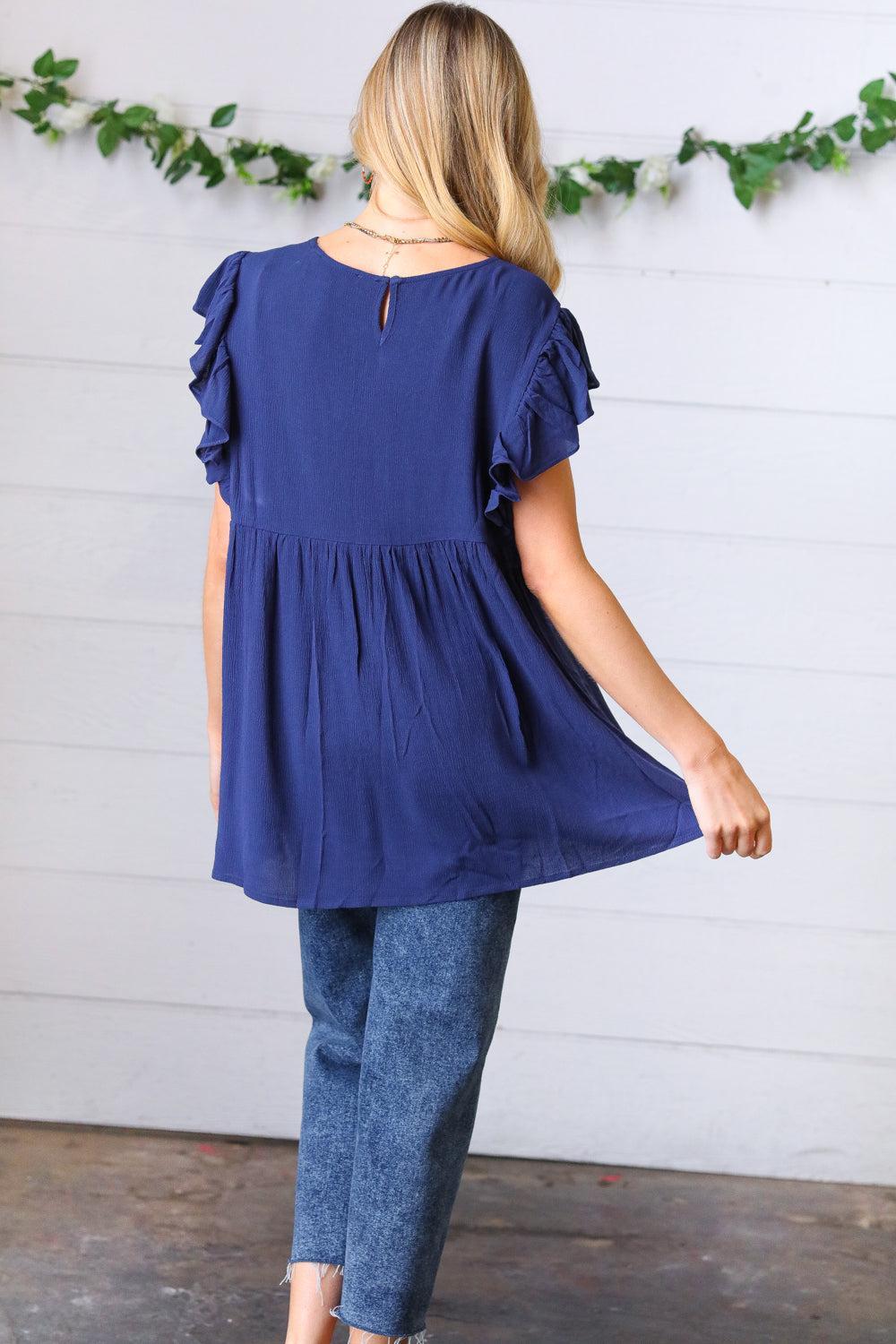 Navy Floral Embroidered Flutter Sleeve Top – Elegant & Boho Chic Style-Evelyns Fashion