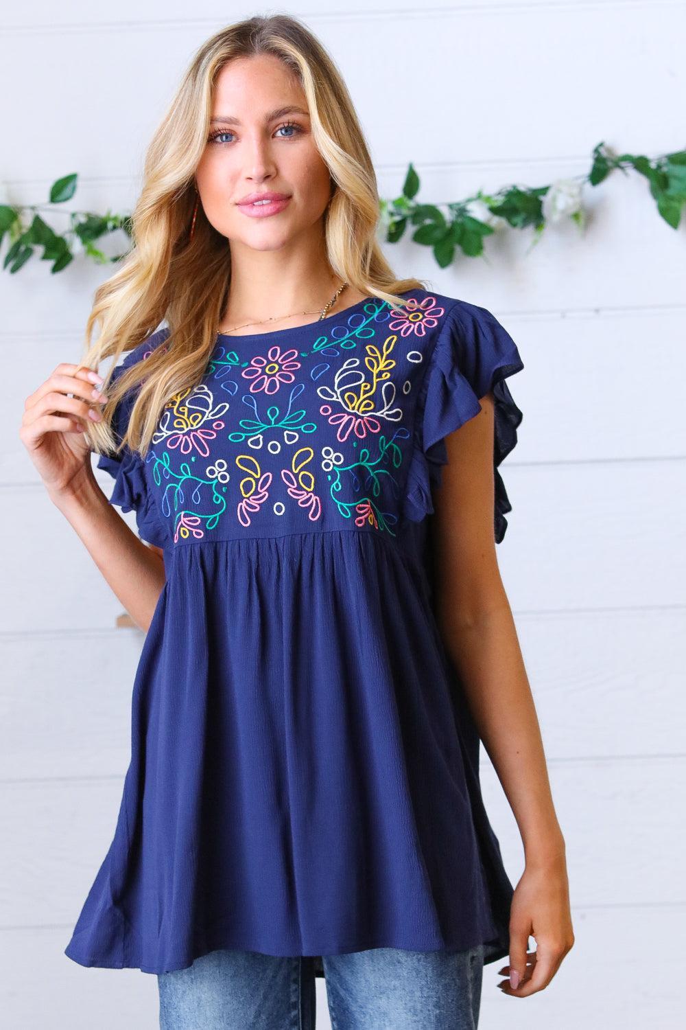 Navy Floral Embroidered Flutter Sleeve Top – Elegant & Boho Chic Style-Evelyns Fashion