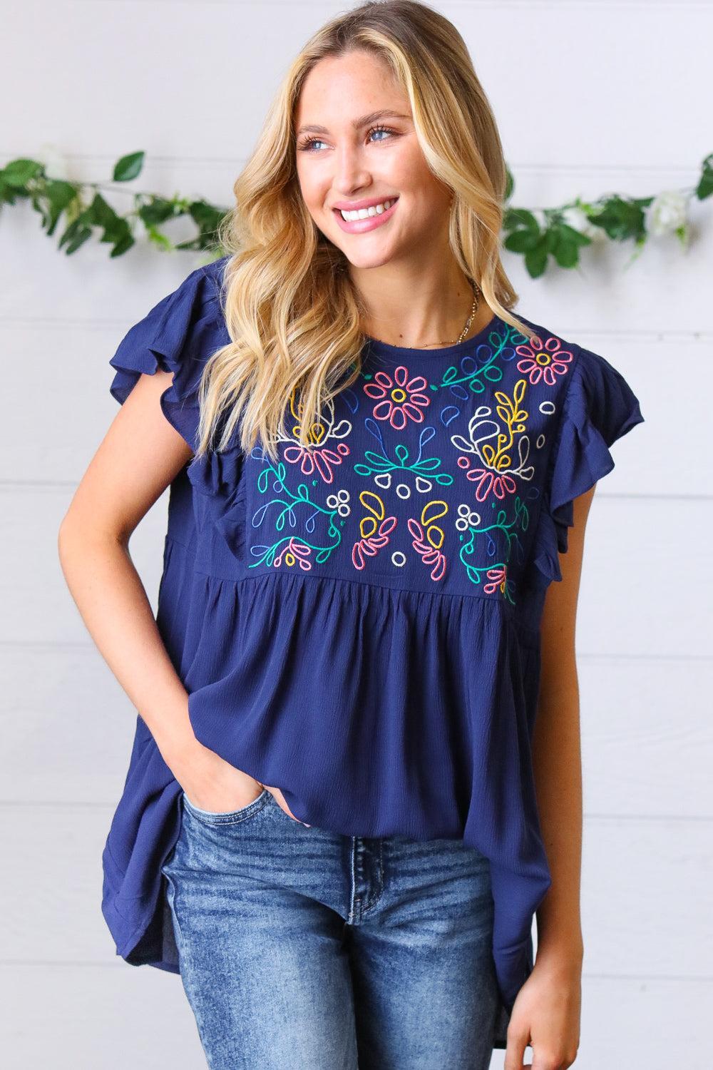 Navy Floral Embroidered Flutter Sleeve Top – Elegant & Boho Chic Style-Evelyns Fashion