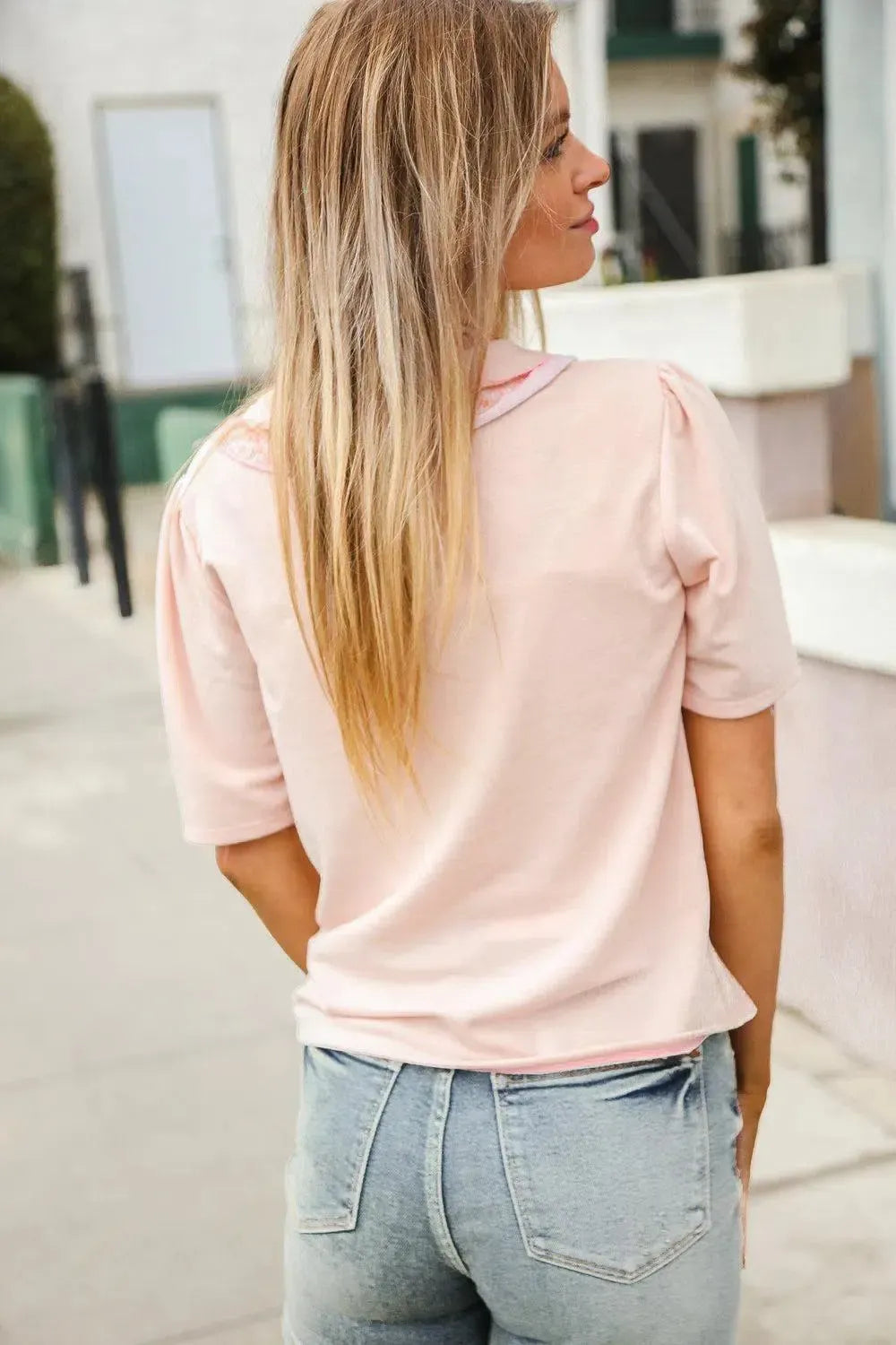 New Day Blush Flat Collar Floral French Terry Blouse-Evelyns Fashion