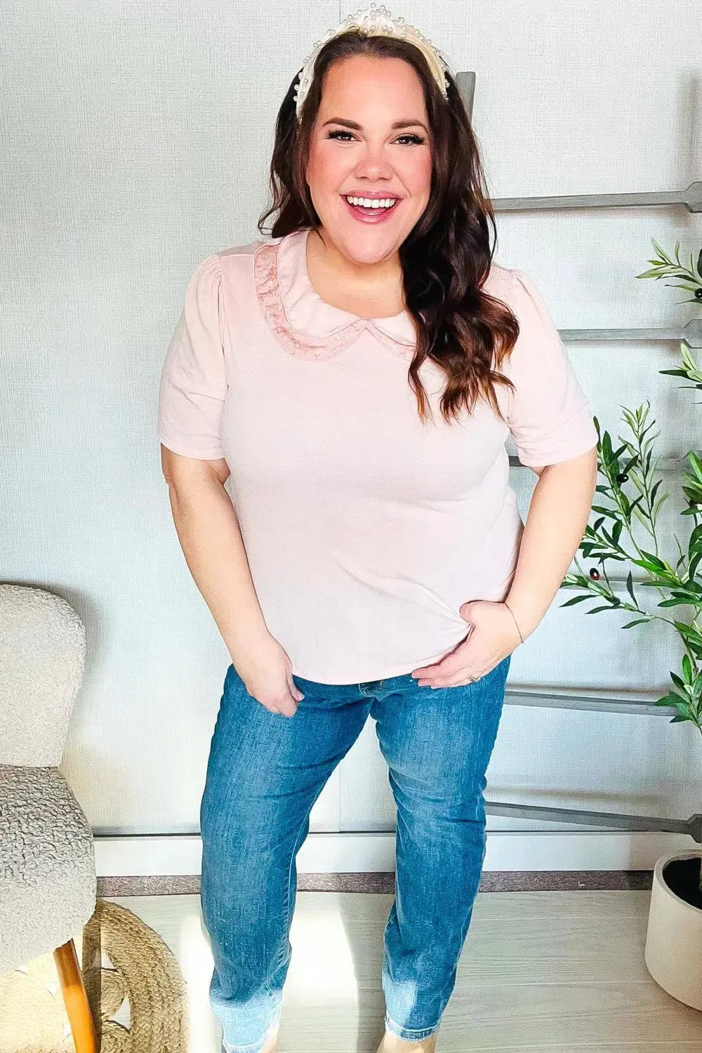 New Day Blush Flat Collar Floral French Terry Blouse-Evelyns Fashion