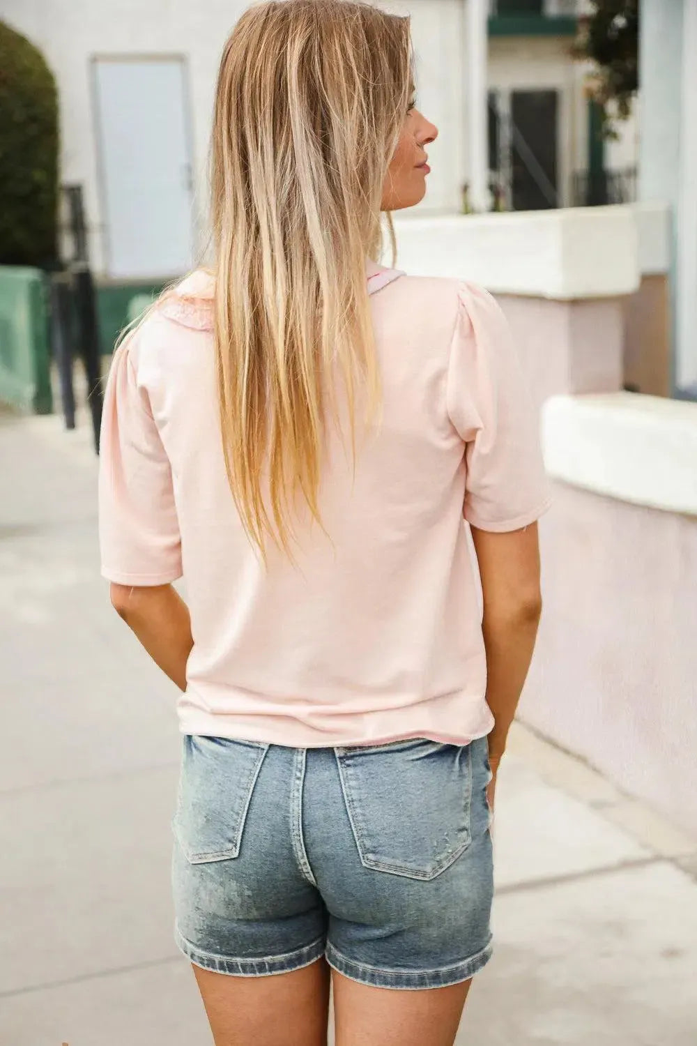 New Day Blush Flat Collar Floral French Terry Blouse-Evelyns Fashion