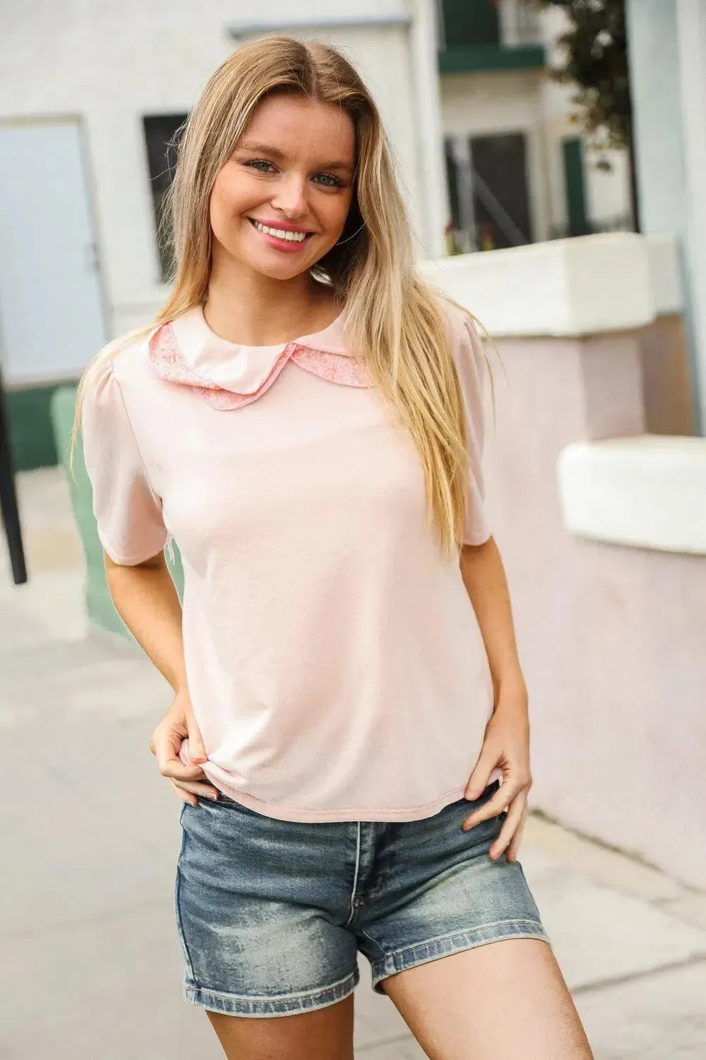 New Day Blush Flat Collar Floral French Terry Blouse-Evelyns Fashion