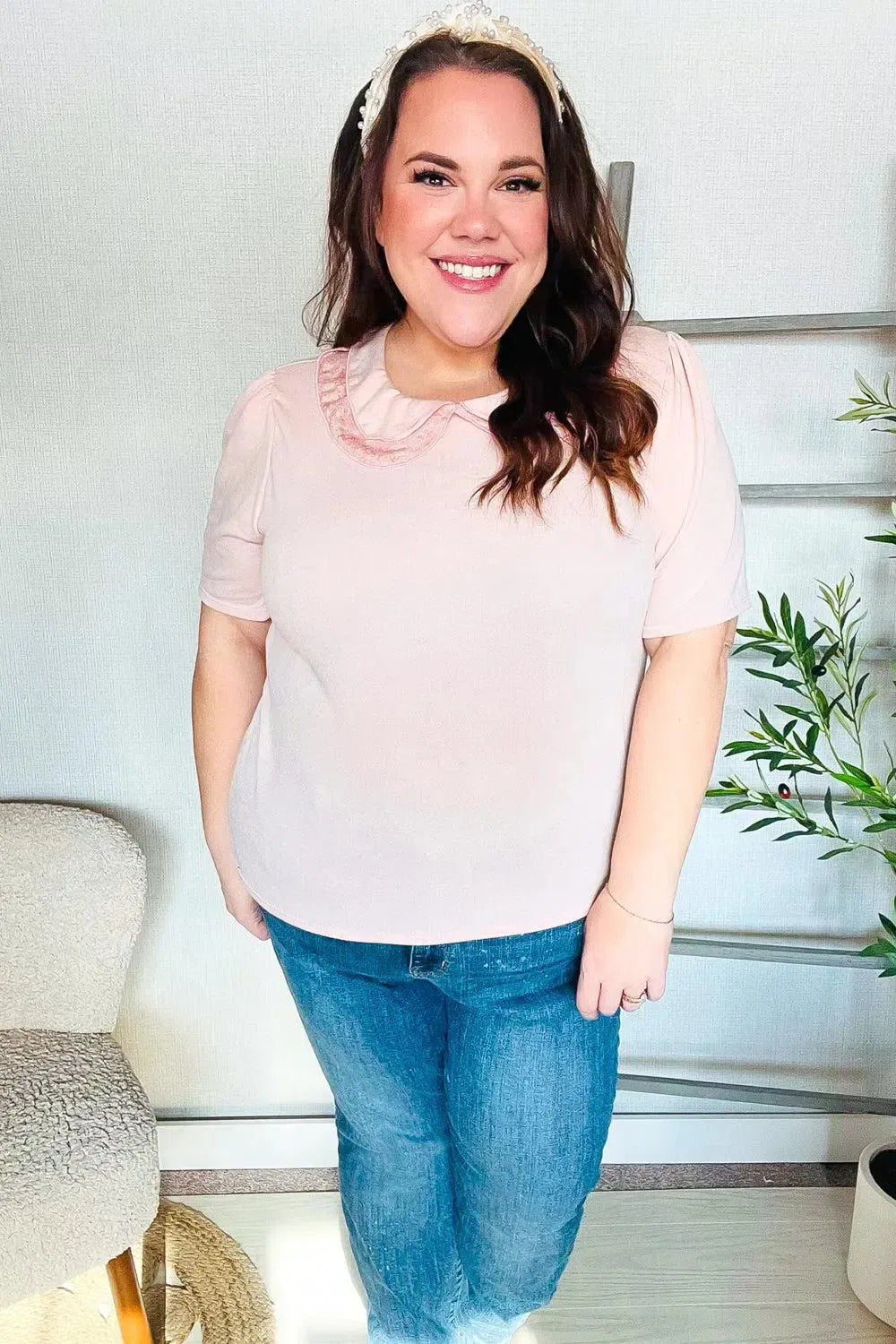 New Day Blush Flat Collar Floral French Terry Blouse-Evelyns Fashion