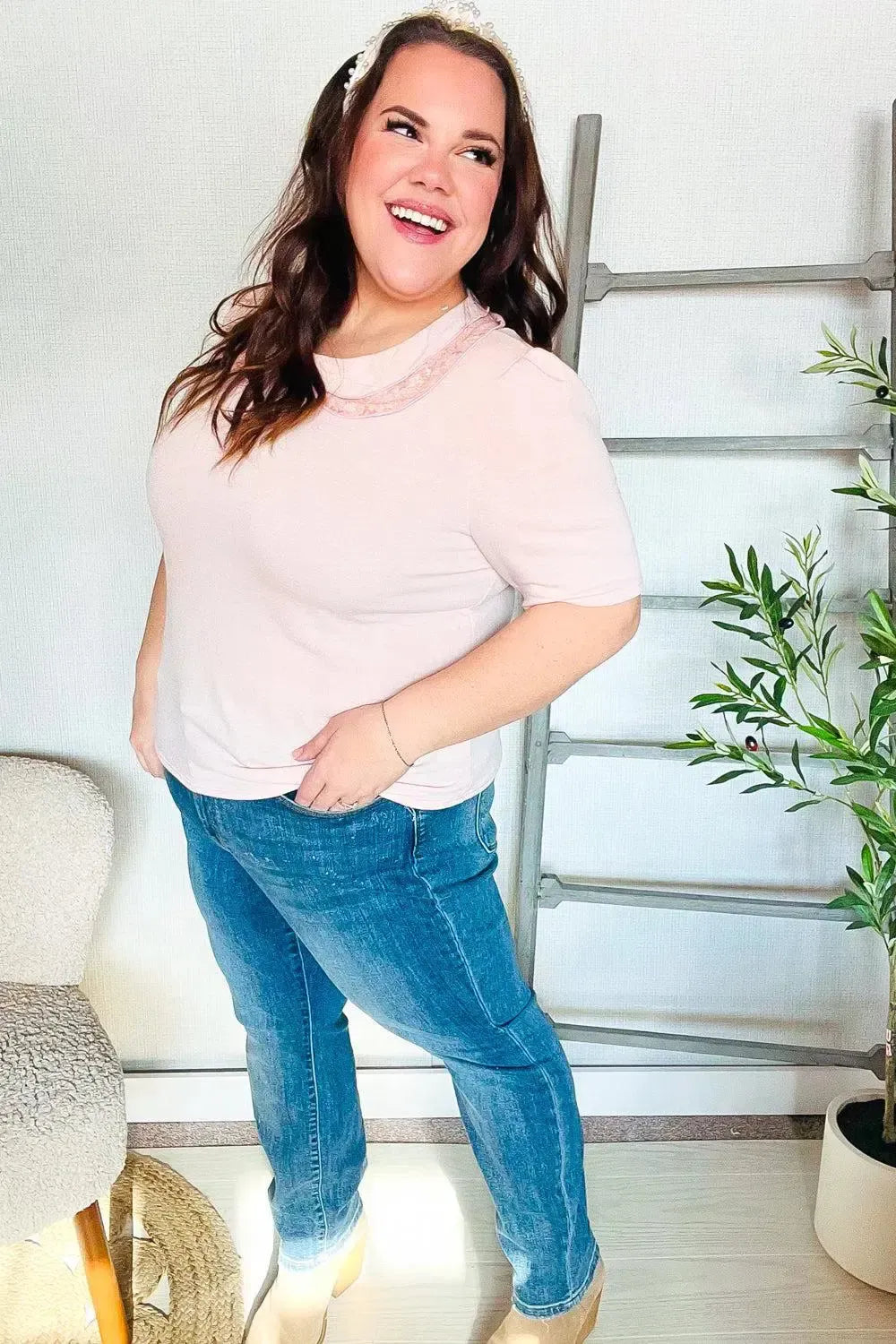 New Day Blush Flat Collar Floral French Terry Blouse-Evelyns Fashion