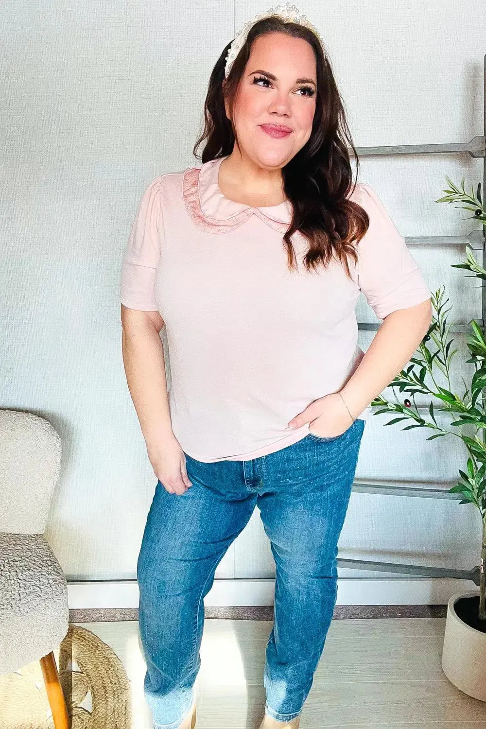 New Day Blush Flat Collar Floral French Terry Blouse-Evelyns Fashion