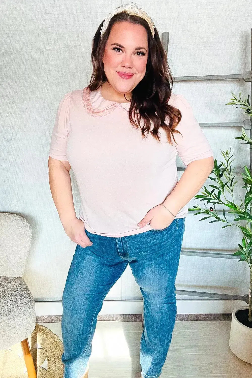 New Day Blush Flat Collar Floral French Terry Blouse-Evelyns Fashion