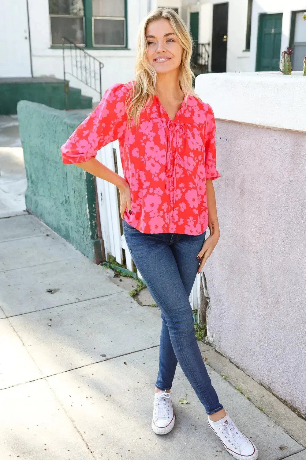 New Day Red Ribbon Bow Detail Floral Woven Blouse-Evelyns Fashion